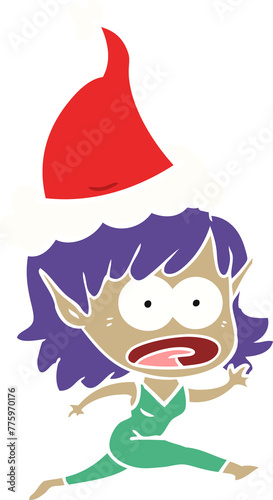 hand drawn flat color illustration of a shocked elf girl wearing santa hat
