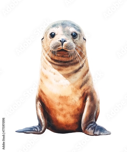 Sea lion isolated on white background, watercolor illustration.