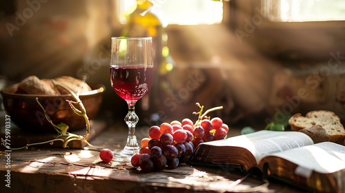 símbolos eucarísticos canva. Símbolos da Ceia do Senhor: Bíblia, copo de vinho e pão na mesa photo