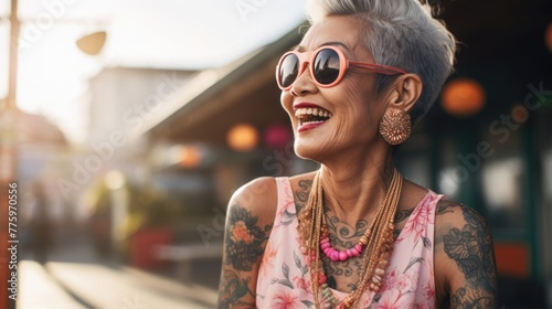 adult asian woman with gray hair and tattoo smiling. drawing on the skin. average age. self-expression and beauty photo