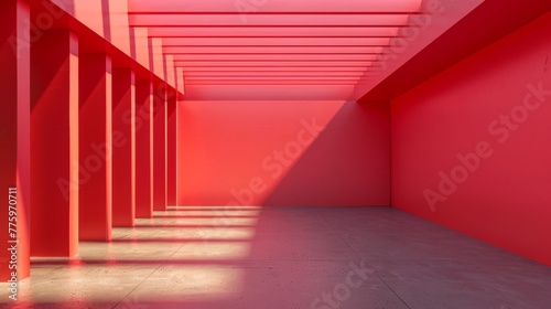 Rendering in 3D, abstract geometric background, empty red room
