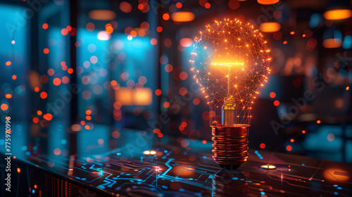 A glowing digital bulb on a circuit board in a tech-filled room photo