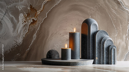 Lit candles with unique stone-like shapes on a tray against a marbled wall. photo