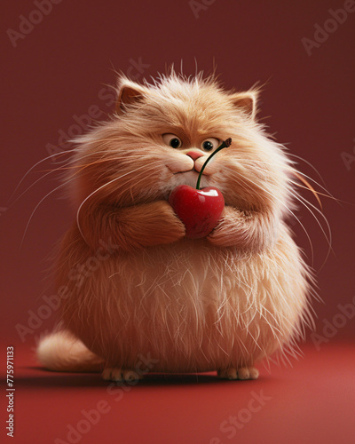 A fluffy, light brown cat whimsically holding a cherry against a dark red background. photo