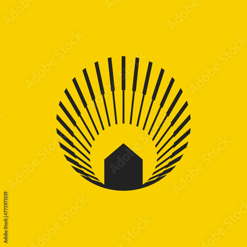 Sun behind the house, solar energy logo in simple minimalistic style. Premium quality logotype sign. (ID: 775971309)