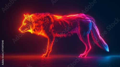 3D render of glowing neon wolf symbol on a randomly colored background © MAY