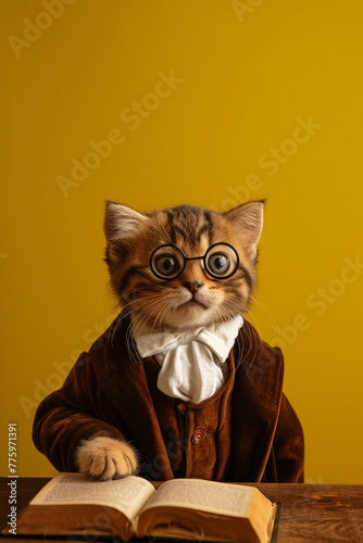 A studious cat in glasses and attire, reading a book against a yellow background photo