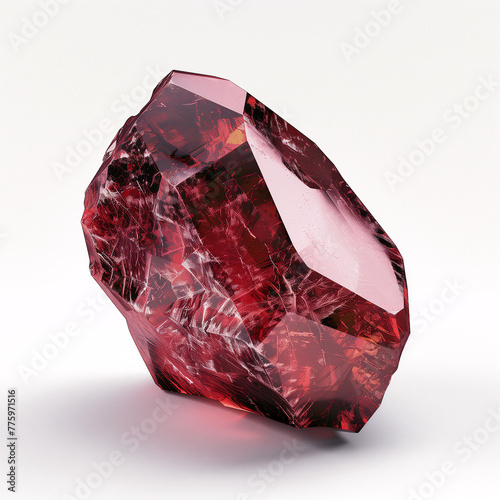 Large, faceted red gemstone with sparkling effect on a white background. photo