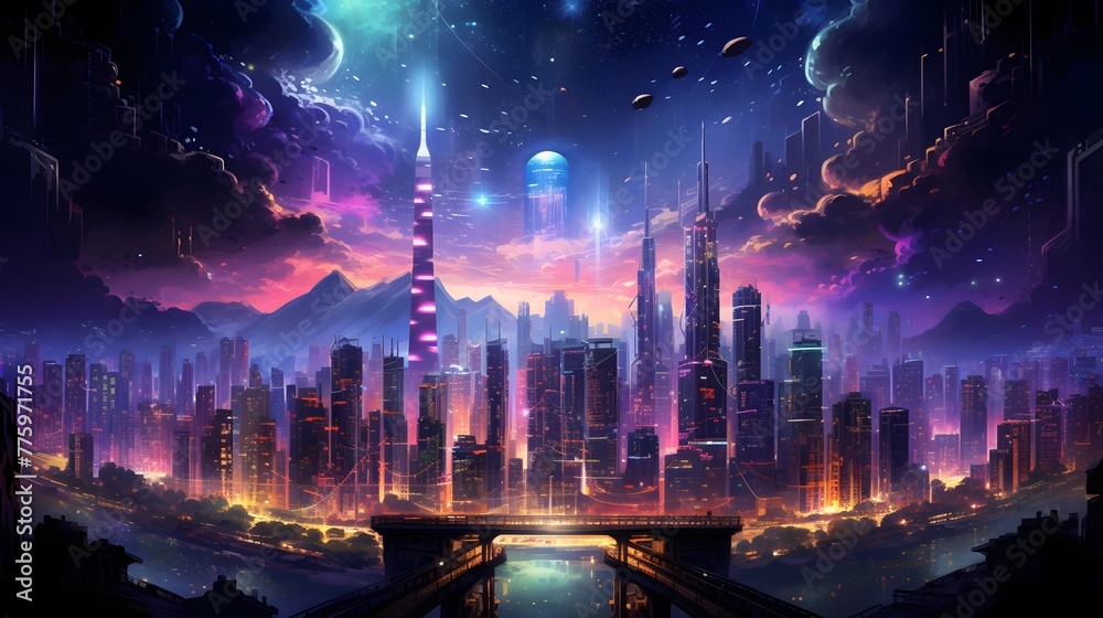 Futuristic city landscape with skyscrapers and river. Panoramic view of the city at night.