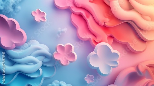 A 3D illustration of surreal clouds shaped like geometric forms