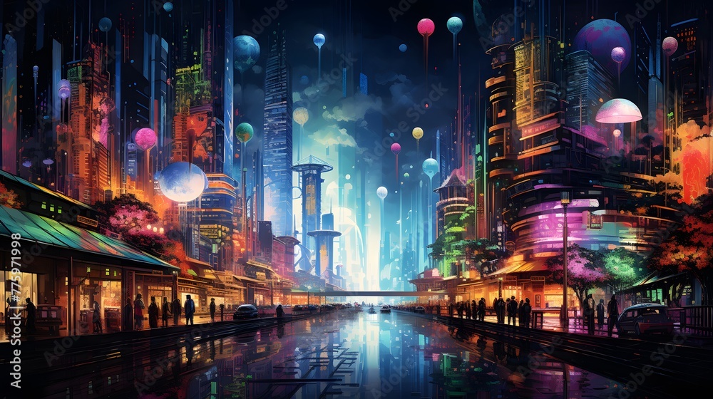 Futuristic night city panorama with neon lights and high-rise buildings
