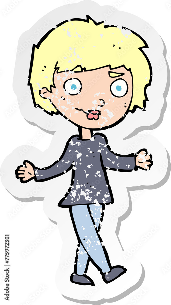 retro distressed sticker of a cartoon confused woman retro distressed sticker of a cartoon confused woman