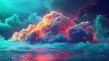 A 3D render of a colorful cloud with glowing neon, representing a digital oasis in the vastness of cyberspace