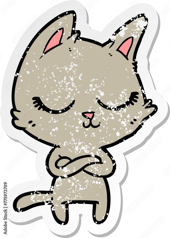 distressed sticker of a calm cartoon cat