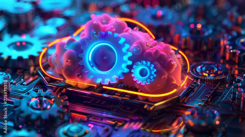 Obraz premium A 3D render of colorful cloud with glowing neon gears