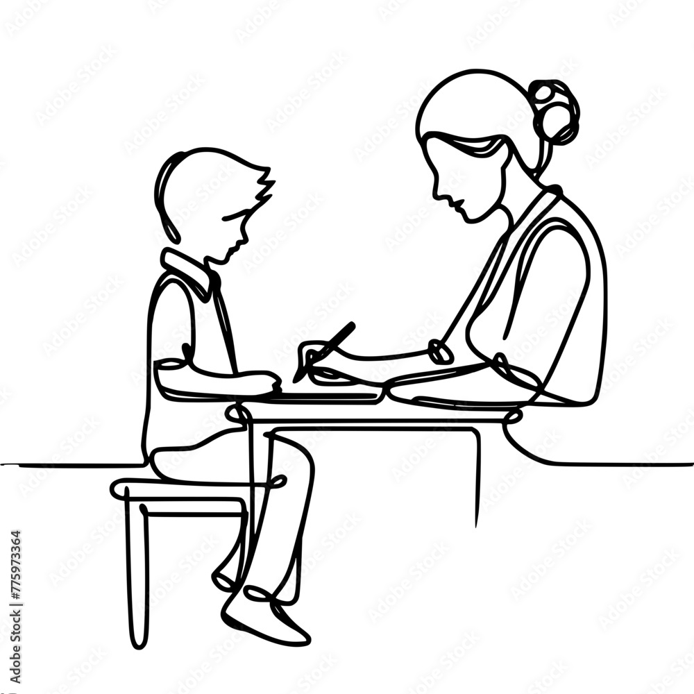 Elementary school teacher writes in notebook to little schoolchild sitting at desk at school, one line vector drawing Elementary school teacher writes in notebook to little schoolchild sitting at desk at school, one line vector drawing