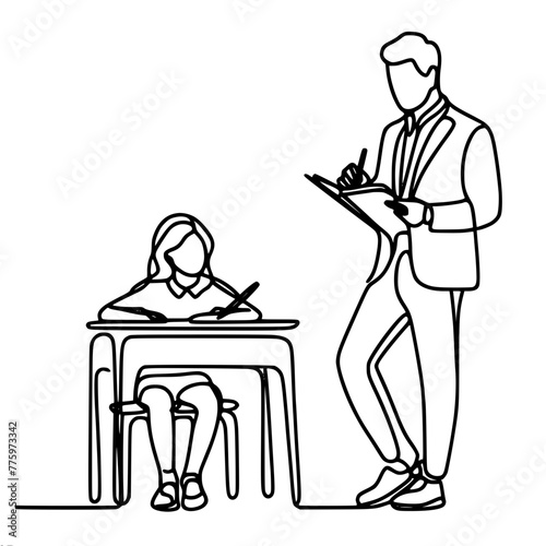 male teacher in a business suit with a magazine dictating to a female student sitting at her desk, one black vector line drawing on a white background