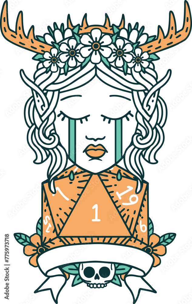 Retro Tattoo Style sad elf druid character face with natural one D20 roll Retro Tattoo Style sad elf druid character face with natural one D20 roll