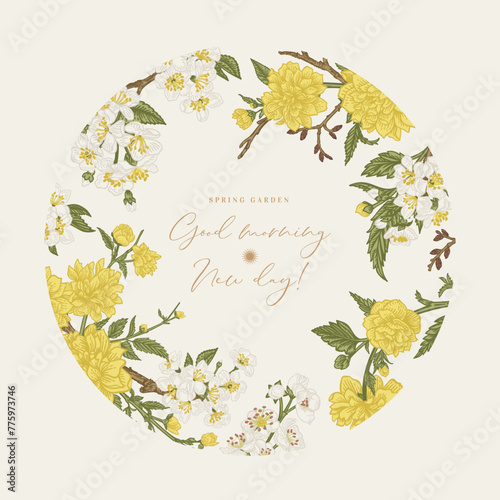 Vector round frame with spring flowers. Detailed vintage floral background. Full bloom. Kerry, hawthorn, cherry. Colorful