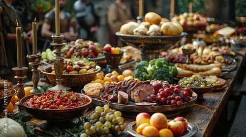 Medieval Banquet: Photograph a lavish banquet table with noble guests, feasting on roasted meats, fruits, and goblets of wine to showcase medieval dining customs © Nico