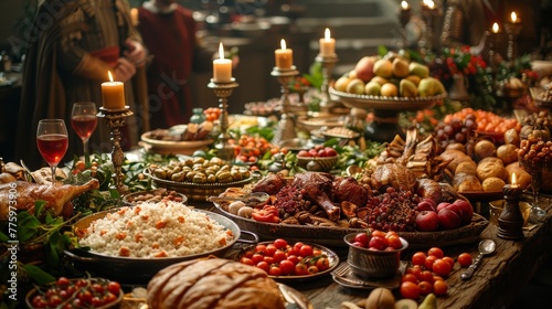 Medieval Banquet: Photograph a lavish banquet table with noble guests, feasting on roasted meats, fruits, and goblets of wine to showcase medieval dining customs