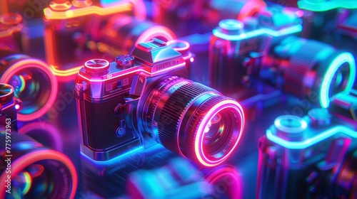 A 3D render of glowing neon cameras