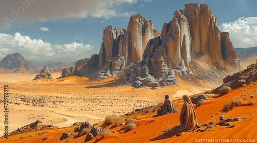 A mystical desert landscape with towering sand dunes in psychedelic hues
