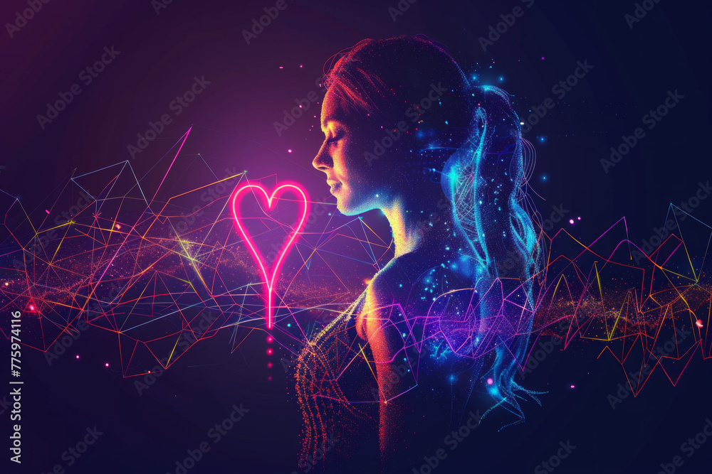 Artistic design of a beautiful woman with heartbeat diagram and a love ...