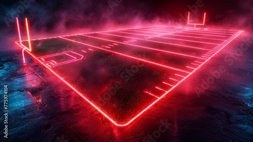 A 3D render of glowing neon football field of bright red and cool cyan photo