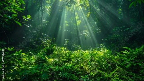 Sunbeams filter through a dense jungle canopy, illuminating the vibrant green foliage below in a serene