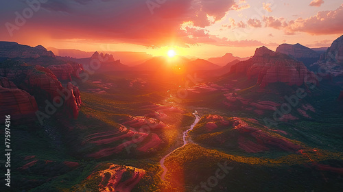 A breathtaking aerial view of the sunset over rugged mountains, with vibrant hues painting the sky and casting long shadows on winding rivers below. Created with Ai