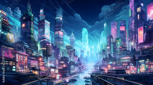 Futuristic city at night with neon lights. 3d rendering © Iman
