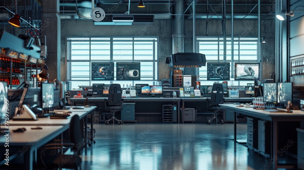 Modern Medical Research Laboratory with Microscope and Test Tubes with Biochemicals on the Desk. Scientific Lab Biotechnology Development Center