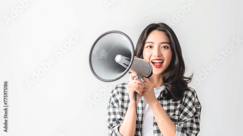 Woman engineer marketing concept on white background, smile, speaker in hand