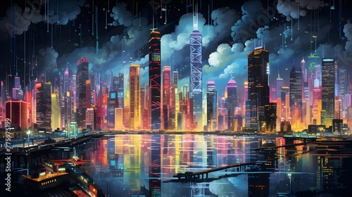 Panoramic view of the city at night. Futuristic cityscape. © Iman