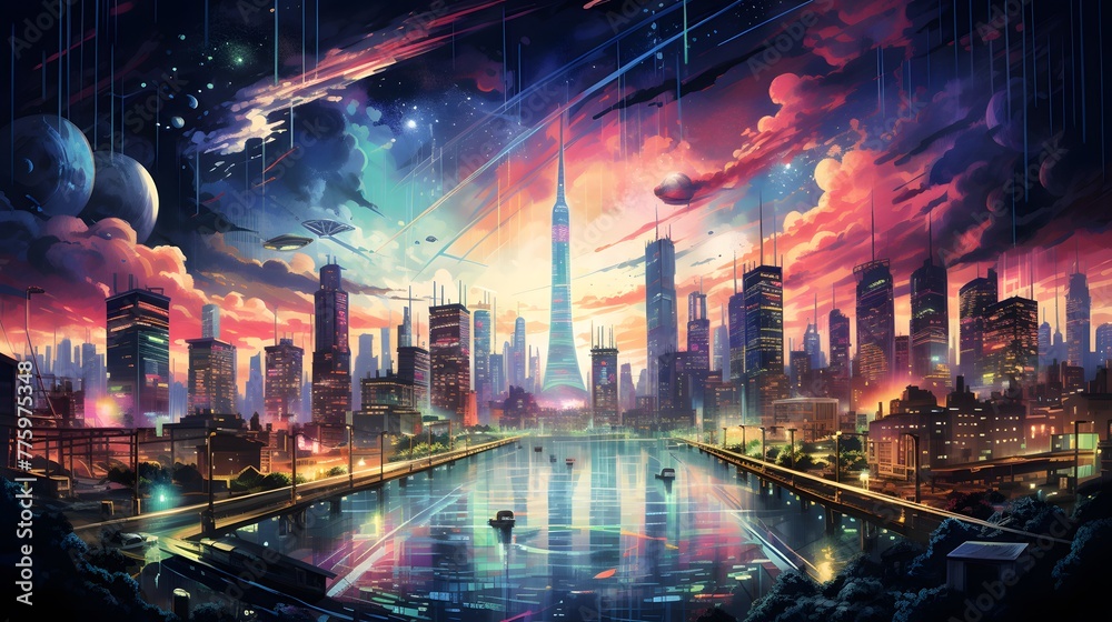 Cityscape at night with skyscrapers in the clouds. Vector illustration.