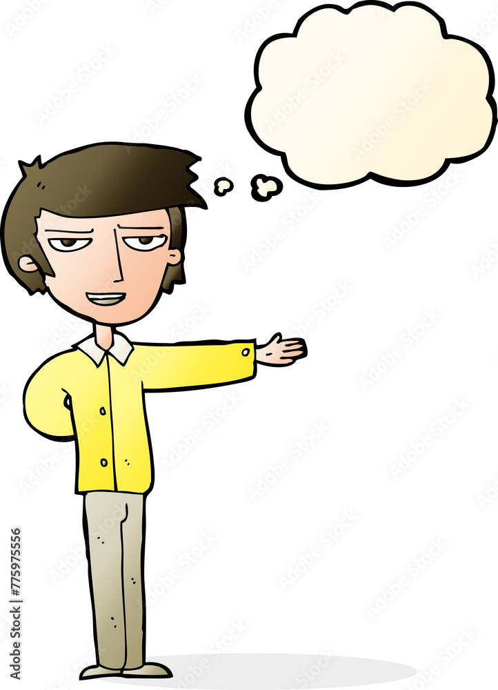 cartoon man gesturing welcome with thought bubble cartoon man gesturing welcome with thought bubble