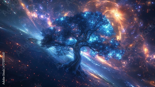 A glowing neon tree of life against a background of swirling galaxies
