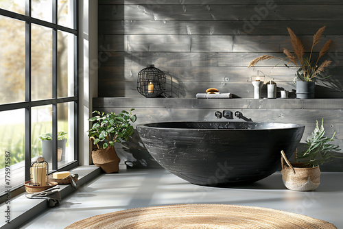 Modern bathroom with a black bathtub, green plants, and natural light photo