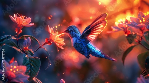 A luminous neon hummingbird sipping nectar from a glowing flower in a garden