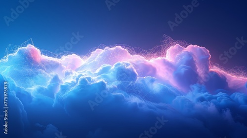 A surreal 3D render of a neon-lit cloud with geometric patterns, against a backdrop of deep blue