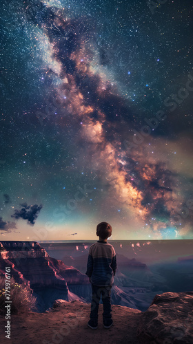 child gazing at a starry sky above canyons, evoking wonder and the vastness of the universe