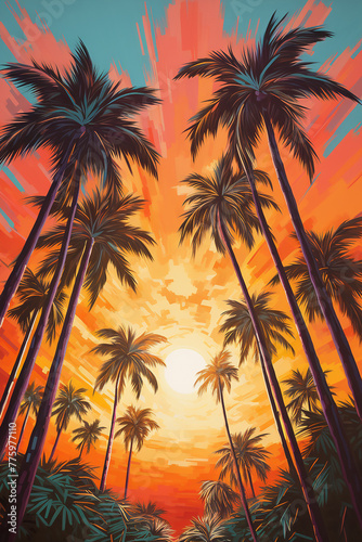 A painting of palm trees with the word palm