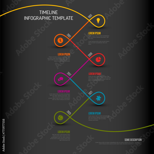 Dark Infographic curved thin line Timeline Template with icons