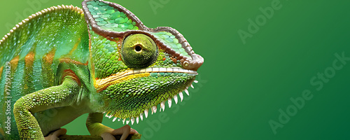 Green chameleon close-up on a green background, high resolution, nature, ecology, 3d rendering, environment, stylish wallpaper, highly detailed, rich colours, camouflage, disguise, amazing nature © Zigma Arts