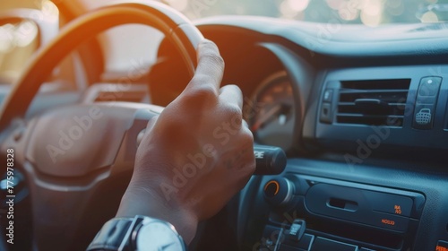 On the dashboard of the car, an African hand holding a car tuning guitar is turning on the air conditioning system by pushing the FM button with its finger