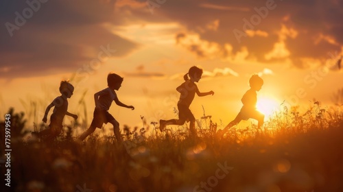 A sunset scene with children running in a meadow