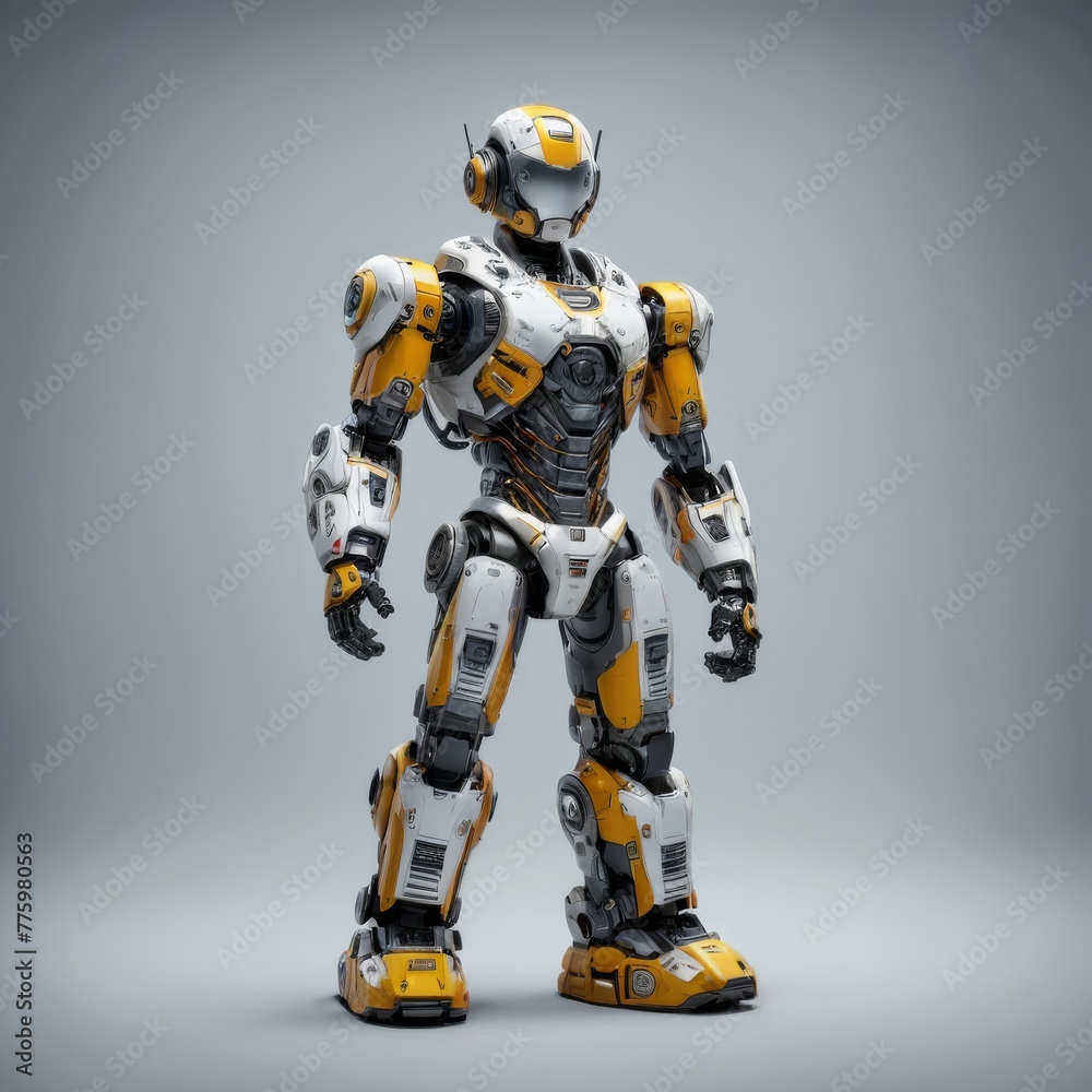 A futuristic service robot with a sleek, humanoid design, featuring high articulation and a white and yellow color scheme
