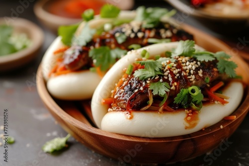 Savory Bao bun pork. Food bread cuisine. Generate Ai photo