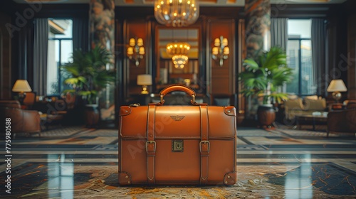 a designer carry-on bag, elegantly displayed against the backdrop of a luxurious hotel suite, embodying a sense of jet-set glamour and refined taste, in cinematic 8k high resolution. photo